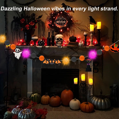 Halloween Decorations Battery USB 10.8Ft Halloween Strip Lights Banner Garland Décor with Felt Bats Ghost Witch Hat Pumpkins Spider Fuzzball Décor for Party Indoor Home Room Wall Fireplace WindowDoor