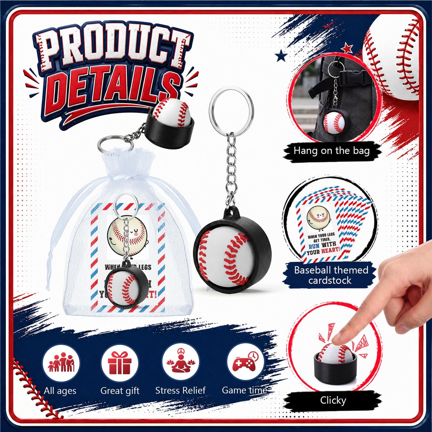 Junkin 12 Set Baseball Fidget Clicker Keychain Gifts 3D Printed Baseball Sensory Clicker Keychain with Inspirational Cards Anxiety and Stress Relief for Graduation Sports Team Adults Party Decorations