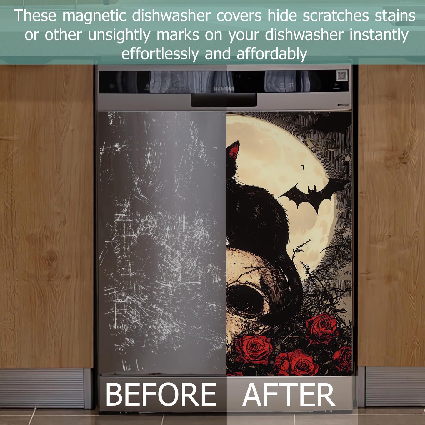 Gothic Black Cat Dishwasher Magnets Decorative Cover,Halloween Skull Flowers Waterproof Magnetic Dishwasher Cover Panel,Refrigerator Magnet Cover for Kitchen Home Decor 23x26 Inch