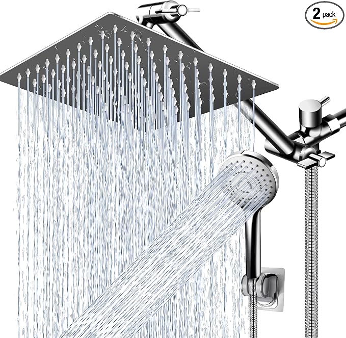 PinWin Modern 12" Large Square Rain Showerhead with 5 Modes Handheld Showerhead Combo, Adjustable Arm, Easy Tool-Free Installation