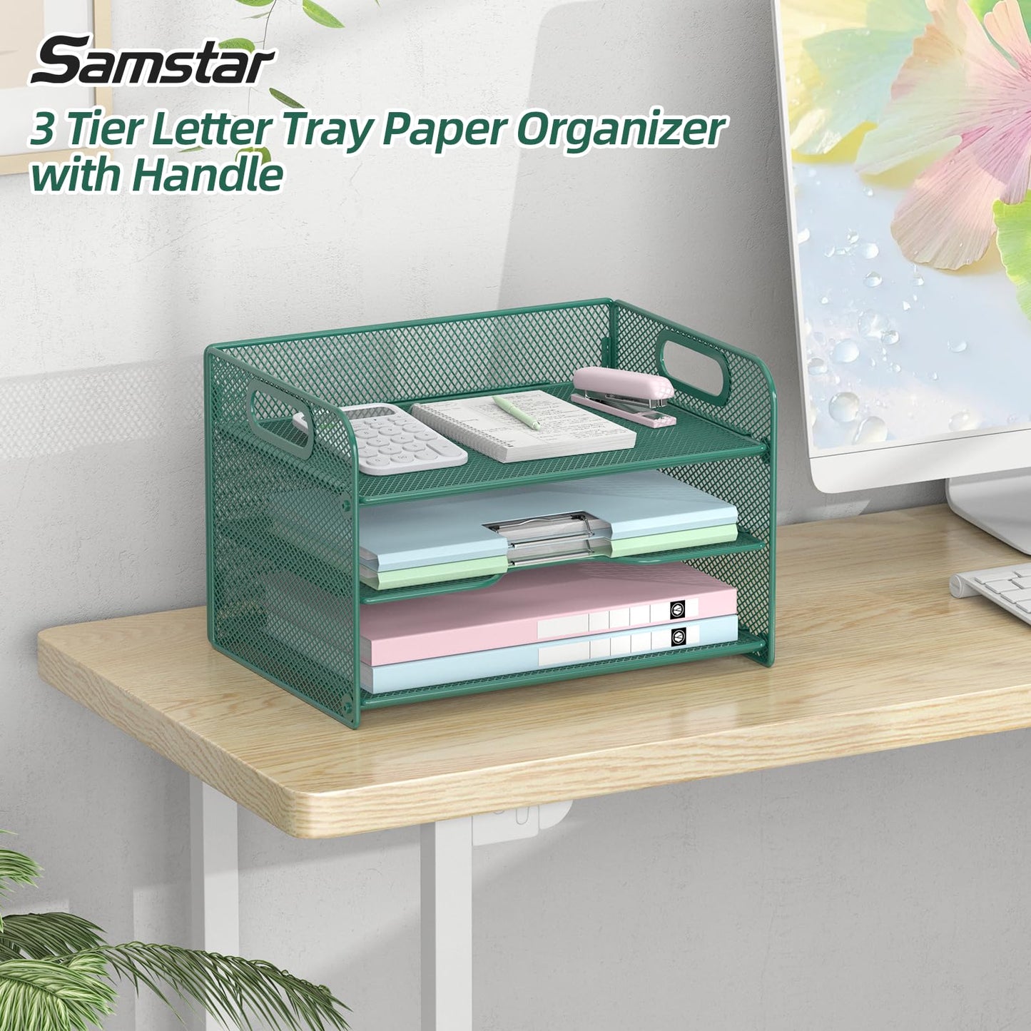 Samstar 3 Tier Green Letter Tray Paper Organizer with Handle, Mesh Desk Organizer Paper Sorter File Rack Shelves, Green