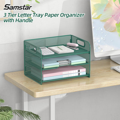 Samstar 3 Tier Green Letter Tray Paper Organizer with Handle, Mesh Desk Organizer Paper Sorter File Rack Shelves, Green