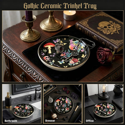 PEJXJML Gothic Ceramic Jewelry Tray Trinket Dish – Skull Mushroom Decorative Tray with Roses Butterflies, Dark Witchy Jewelry Dish for Rings Earrings Keys, Halloween Home Decor Gift, 4.1"