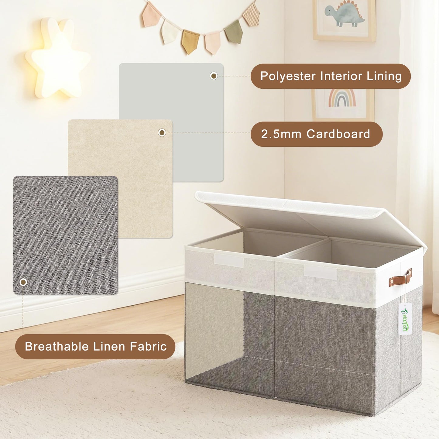 Bagnizer Large Toy Storage Box with Lids, Collapsible Sturdy Baby Storage Organizer Chest Bin Basket for Kids, Boys, Girls, Playroom, Nursery, Bedroom, Closet 25"x13"x16" (Gray and White)