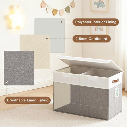 Bagnizer Large Toy Storage Box with Lids, Collapsible Sturdy Baby Storage Organizer Chest Bin Basket for Kids, Boys, Girls, Playroom, Nursery, Bedroom, Closet 25"x13"x16" (Gray and White)