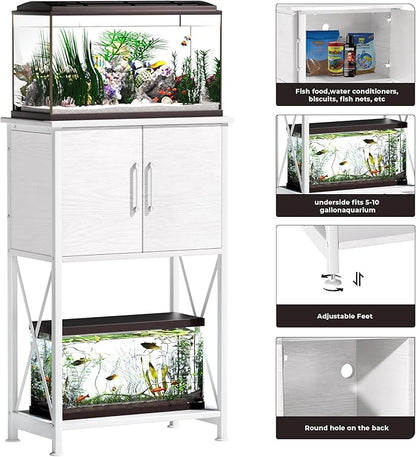 Herture 5-10 Gallon Fish Tank Stand, Metal Double Aquarium Stand with Cabinet for Fish Tank Accessories Storage, Heavy Duty 20.5" L* 11.02" W Tabletop, 500LBS Capacity White PG06YGW