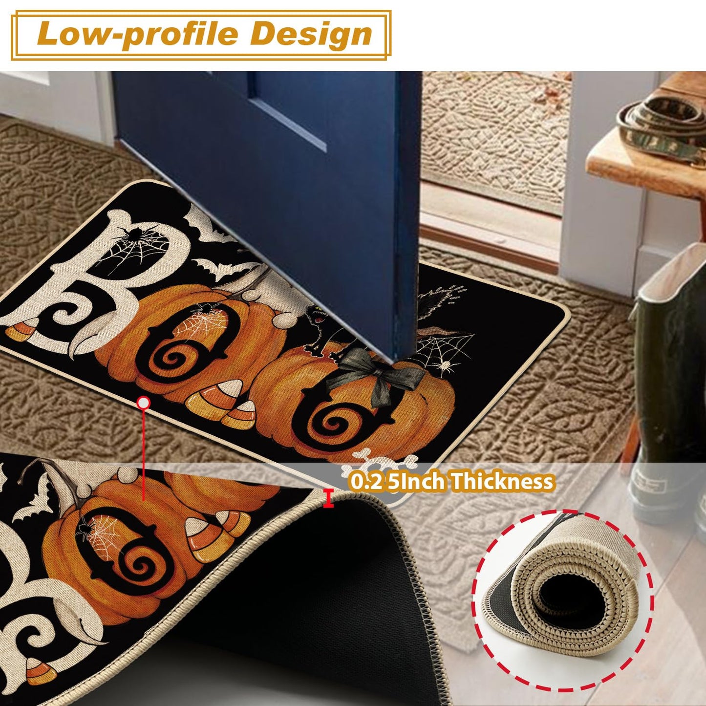 Baccessor Halloween Kitchen Mats Set of 2, Ghost Pumpkin Cat Spider Web Bat Boo Kitchen Rugs for Floor Low-Profile Farmhouse Fall Halloween Party Home Decor 17x29 and 17x47 Inch