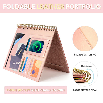 Ospelelf Clipboard with Storage for Women, Leather Padfolio Portfolio Organizer 5 Folders with 10 Pockets, Spiral Clipboard Folio with Notepad for Letter Size, Elastic Closure and Pen Loop Rose Gold