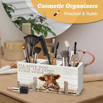 Yjeslw Highland Cow Pen Holder Organizer for Desk Accessories, I Will Love You Till the Cows Come Home Farmhouse Wooden Box Sign Desk Decorations for Home Bedroom Office Decor, Highland Cow Gifts