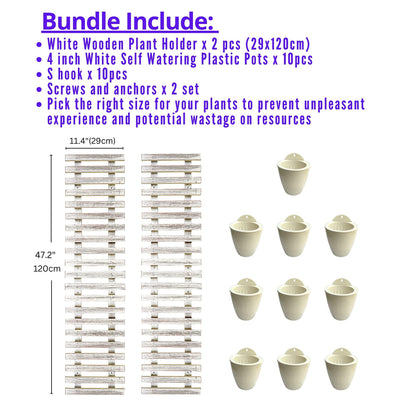 ShopLaLa Bundle - 4" White Self Watering Plastic Pots x 10 Pack + White Wooden Hanging Planter, Rustic Vertical Herb Garden Plant Holder Wall Mounted Modern Hydroponic Herb Pot LaLaGreen
