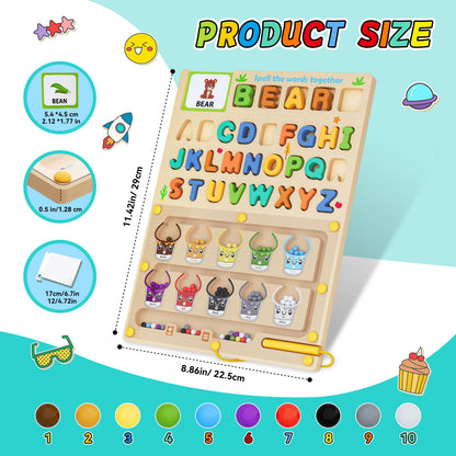 LIOKLICK 3 IN 1 Double Sided Montessori Toys- Magnetic Color and Number Maze, Toddler Wooden Alphabet Puzzles, Dry Erase Board, Preschool Learning Activities Toys for 3 4 5 6 Years Old Kids Girls Boys
