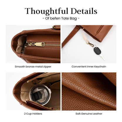 befen Real Leather Work Tote Bag for Women Multi-Pockets Shoulder Totes Purse Satchel Office Bags Handbag with Cup Holder for Work & Travel Cognac Brown