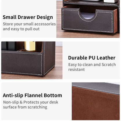 KINGFOM Pu Leather Desk Organizer Pen Pencil Holder Office Supplies Caddy Storage Box 6 Compartments with Drawer Brown