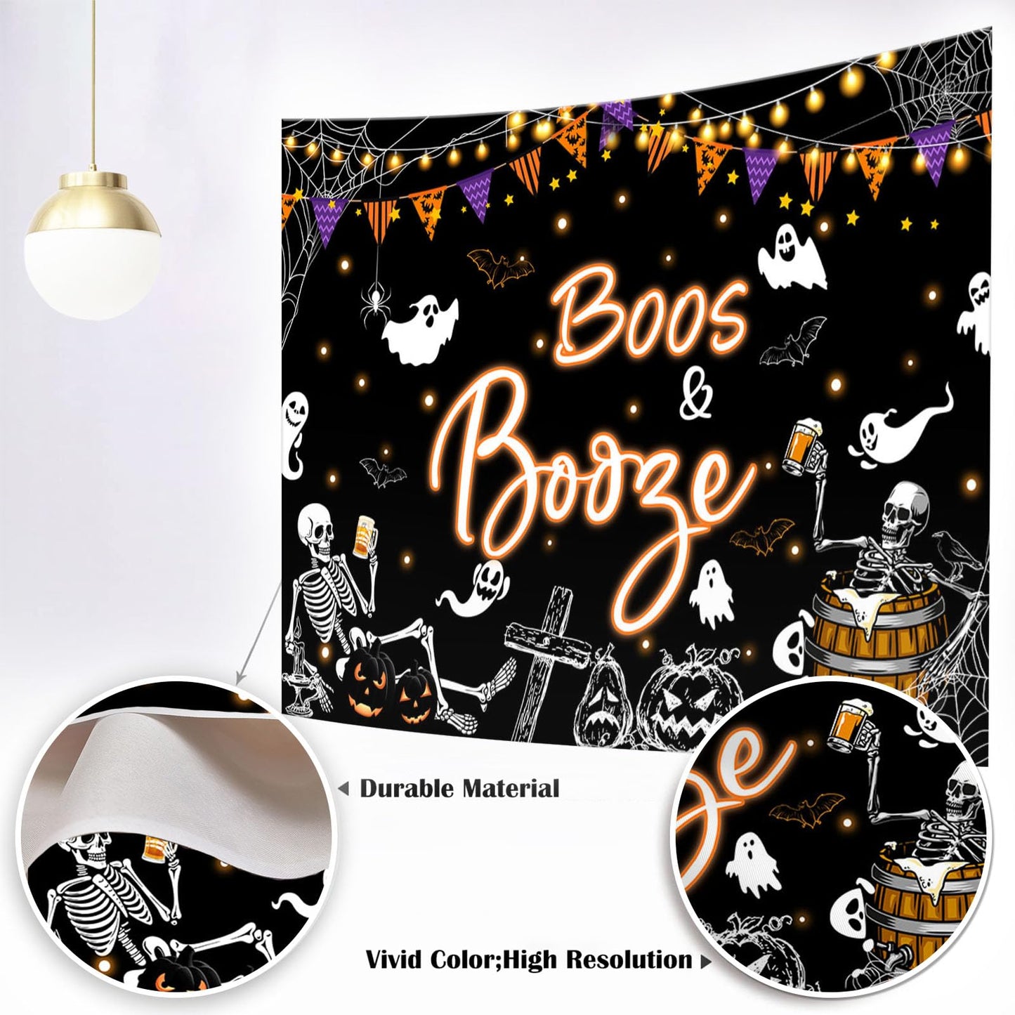 Mocsicka Halloween Boos and Booze Backdrop Skeleton Halloween Banner for Adult Cocktails Party Background for Photography Ghost Spooky Party Supplies (Black, 7x5ft(82"x60"))