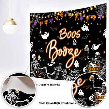 Mocsicka Halloween Boos and Booze Backdrop Skeleton Halloween Banner for Adult Cocktails Party Background for Photography Ghost Spooky Party Supplies (Black, 7x5ft(82"x60"))