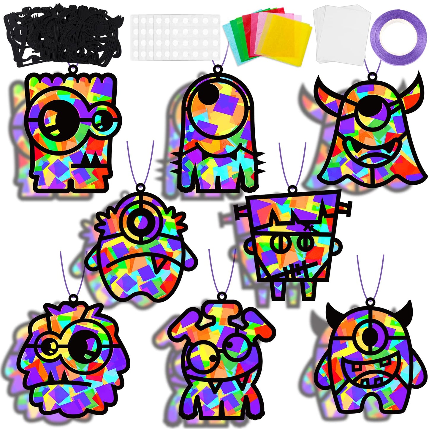 32 Sets Halloween Monster Suncatchers Craft Kit DIY Window Stained Glass Effect Halloween Monster Paper Crafts Home School Classroom Decoration Kid Birthday Gift Creative Art Project Activity Game