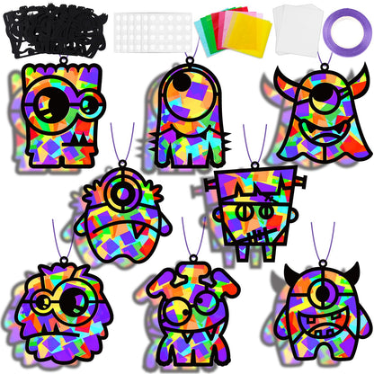 32 Sets Halloween Monster Suncatchers Craft Kit DIY Window Stained Glass Effect Halloween Monster Paper Crafts Home School Classroom Decoration Kid Birthday Gift Creative Art Project Activity Game