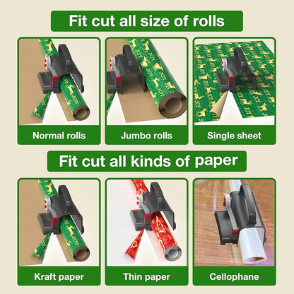 Wraprocut (2-Pack) Wheel Wrapping Paper Cutter & Tape Dispenser with 4 Tapes，2 Replace Blades Kit for Christmas Gift Wrap Cutter Tool Paper Roll Holder Tube Sliding Slicing for Birthday Holiday.