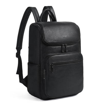 tiamyi leather travel backpack for men and women, flap top laptop backpack fits 17.0 inch computer with luggage strap and separate padded compartment, black