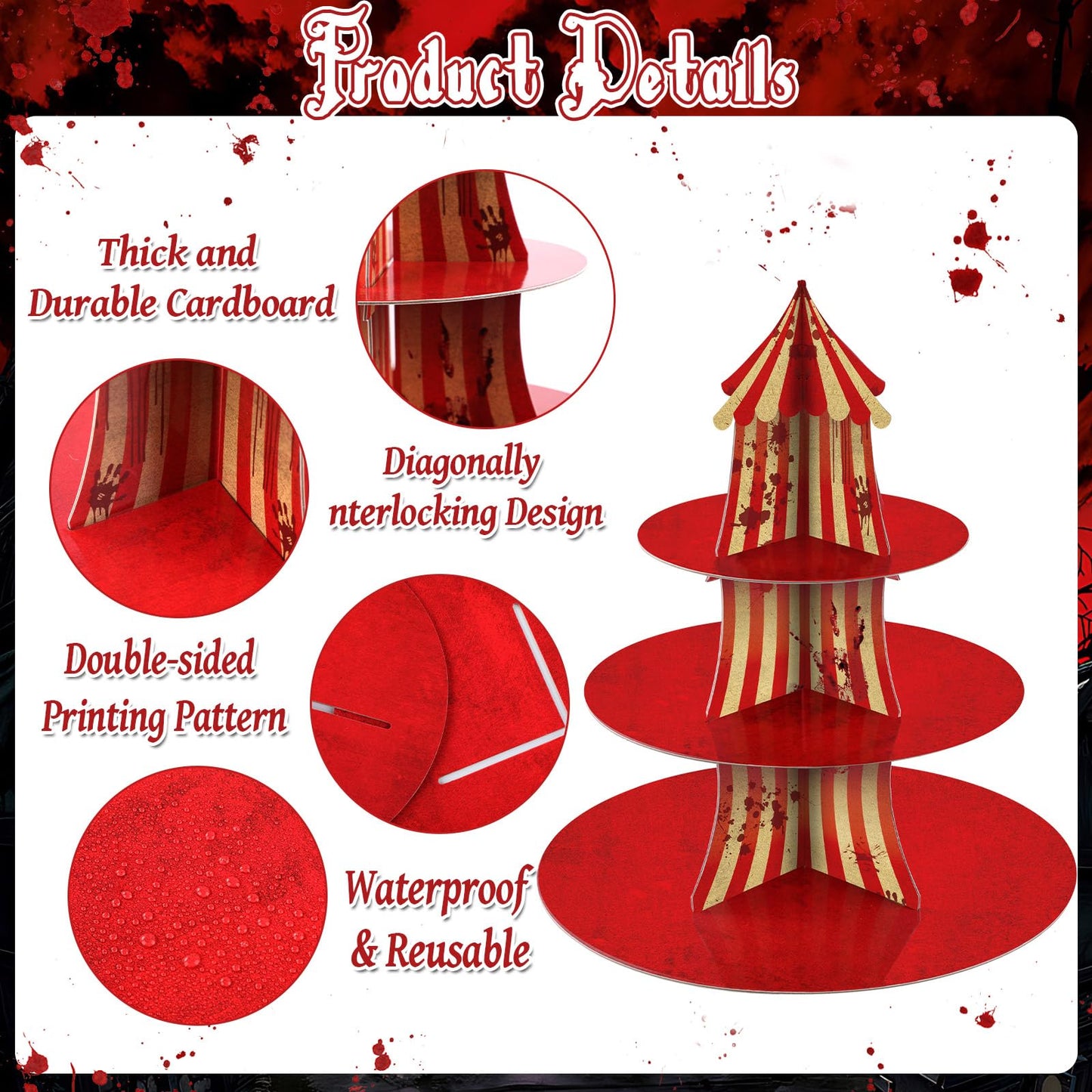 2Pcs 3-Tier Halloween Carnival Decoration Halloween Creepy Circus Cupcake Stand Evil Scary Circus Dessert Tower Stand Carnival Bloody Striped Cake Holder for Horror Movie Dinner Nights Party Supplies