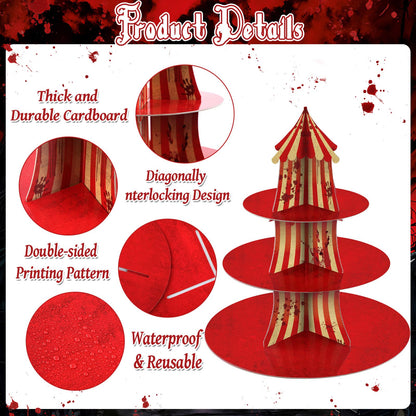2Pcs 3-Tier Halloween Carnival Decoration Halloween Creepy Circus Cupcake Stand Evil Scary Circus Dessert Tower Stand Carnival Bloody Striped Cake Holder for Horror Movie Dinner Nights Party Supplies