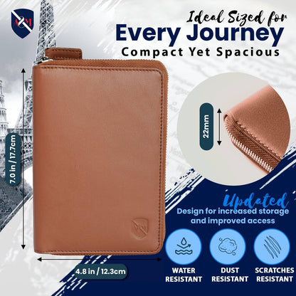 ALLEN & MATE 100% Leather Passport Holder for Travel RFID Blocking Passport Wallet for Men & Women - Zippered Compact Travel Document Organizer Fits Cash, Cards, SIM, ID and Tickets