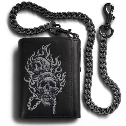 skneephate Men's Wallet With Chain Skull Trifold Wallets For Men, Soft Leather Wallet Chains Rfid Blocking Cool Mens Gift Idea (1-black)