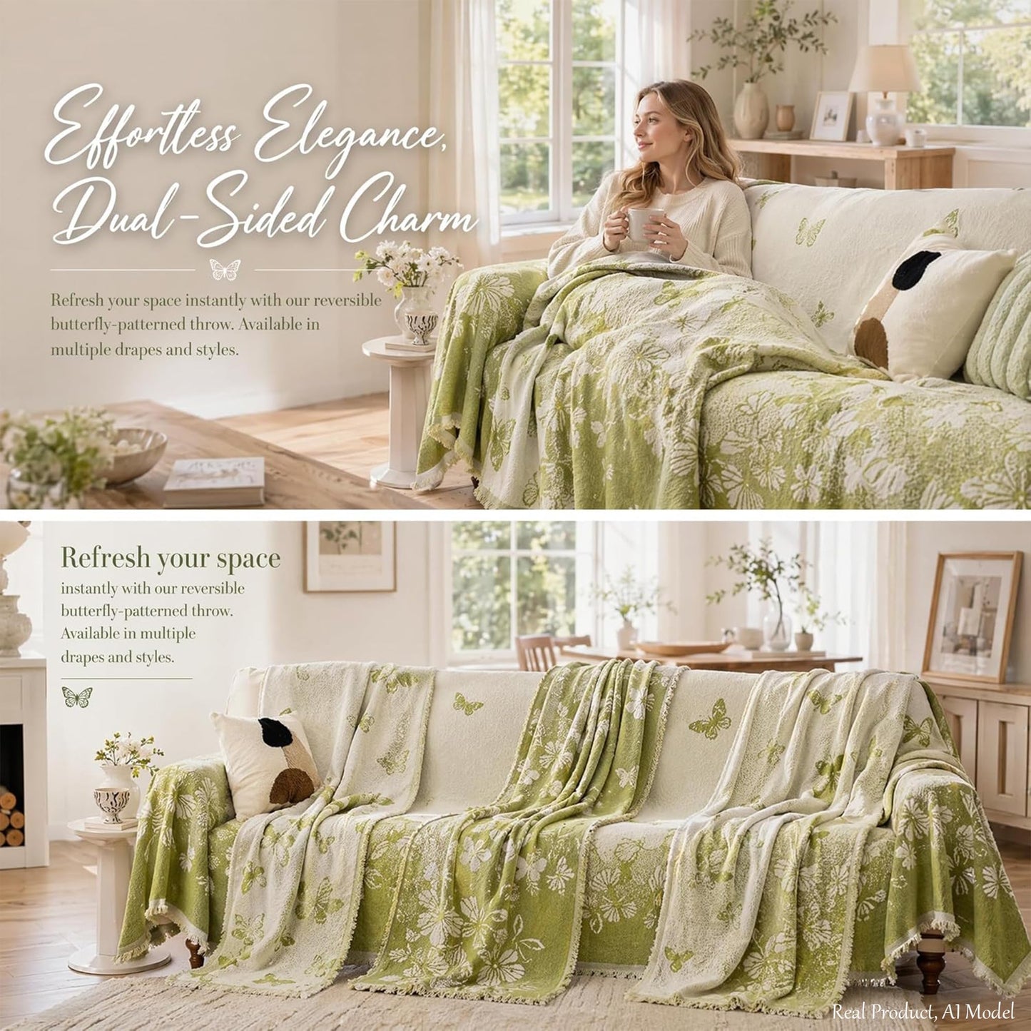 UWWGKK Oversized Chenille Couch Cover Green Butterfly Reversible Sofa Slipcover with Tassel, Heavyweight Sectional Furniture Protector Blanket for Large Dogs, Washable Throw for 3 4 Seat