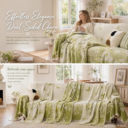 UWWGKK Oversized Chenille Couch Cover Green Butterfly Reversible Sofa Slipcover with Tassel, Heavyweight Sectional Furniture Protector Blanket for Large Dogs, Washable Throw for 3 4 Seat