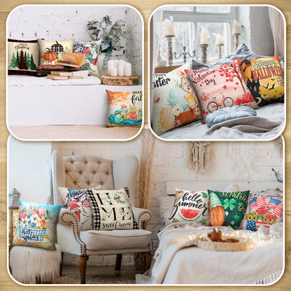 Newwiee 12 Sets Holiday Pillow Covers 18 x 18 Inch Easter Spring Seasonal Throw Pillow Covers Square Canvas Pillowcase for Spring Summer Home Office Farmhouse Bench Couch Holiday Sofa Decor(Classic)
