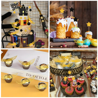 Rismise Wizard Cake Topper 26PCS Magical Wizard Themed Cake Decoration Black and Gold Ball Cupcake Cake Picks with Glasses Tie Wings Stars for Halloween Birthday Magical School Party Supplies