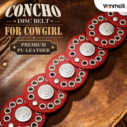 VONMELLI Women's Red Western Belts Wide Disc Concho Belt Cowgirl Boho Country Leather Belt for Dress Jeans Skirt, M