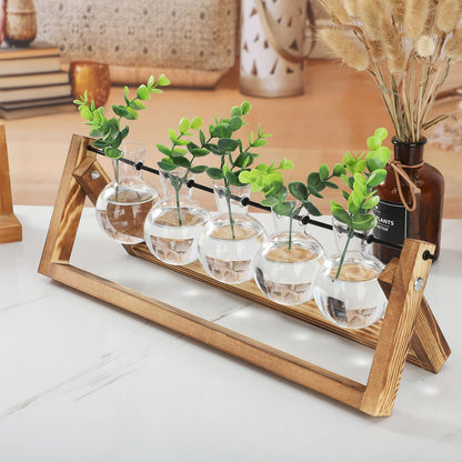 Modern Crystal Test Tube Vases with Wooden Stand Holder Set, Artistic Creative Hydroponics Vase Ornaments, Desktop Bulb Glass Vase, Plant Terrarium Stand for Home Office Garden Decor(U Shaped Rod)
