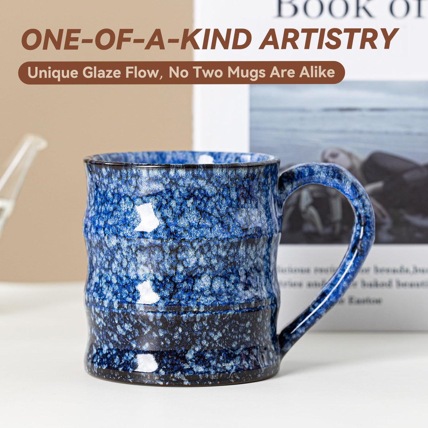 Unique Reactive Glaze Ceramic Coffee Mug - 15 oz Large Coffee Cup with Ergonomic Handle, Sakura Blue Ceramic Mug for Office & Home, Great Birthday Gift for Women, Men & Self-Care, Microwave Safe