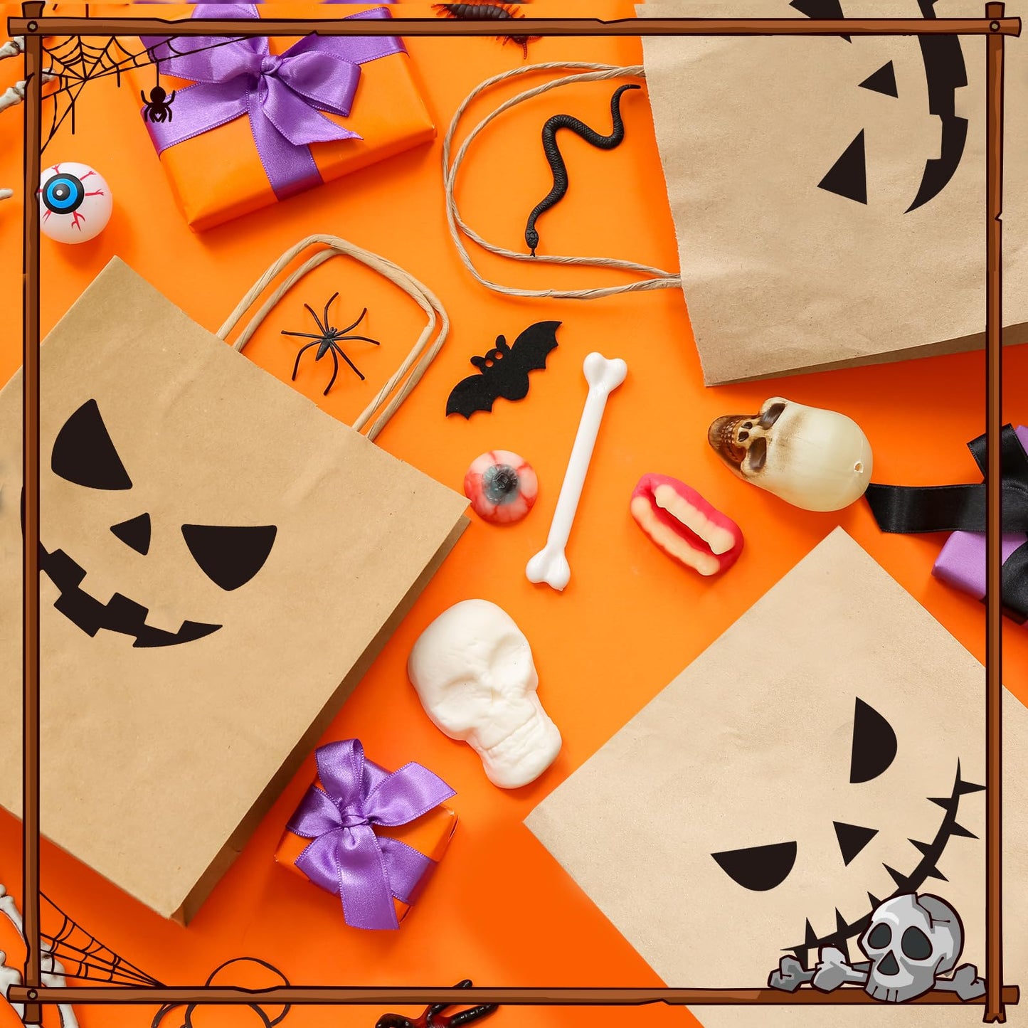 Yexiya 48 Pieces Kraft Halloween Paper Gift Bags Bulk Pumpkin Treat Bags with Handle Kraft Gift Wrap for Halloween Party Favor Supplies