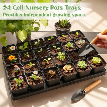 RooTrimmer 5 Pack 24 Cell Nursery Pots Trays with 2.8 inch (7CM) Square Nursery Pots 120pcs (Black), Plastic Seed Starter Tray with Drain Holes for Carrying and Holding Plant Pot(17"x11"x1.6")