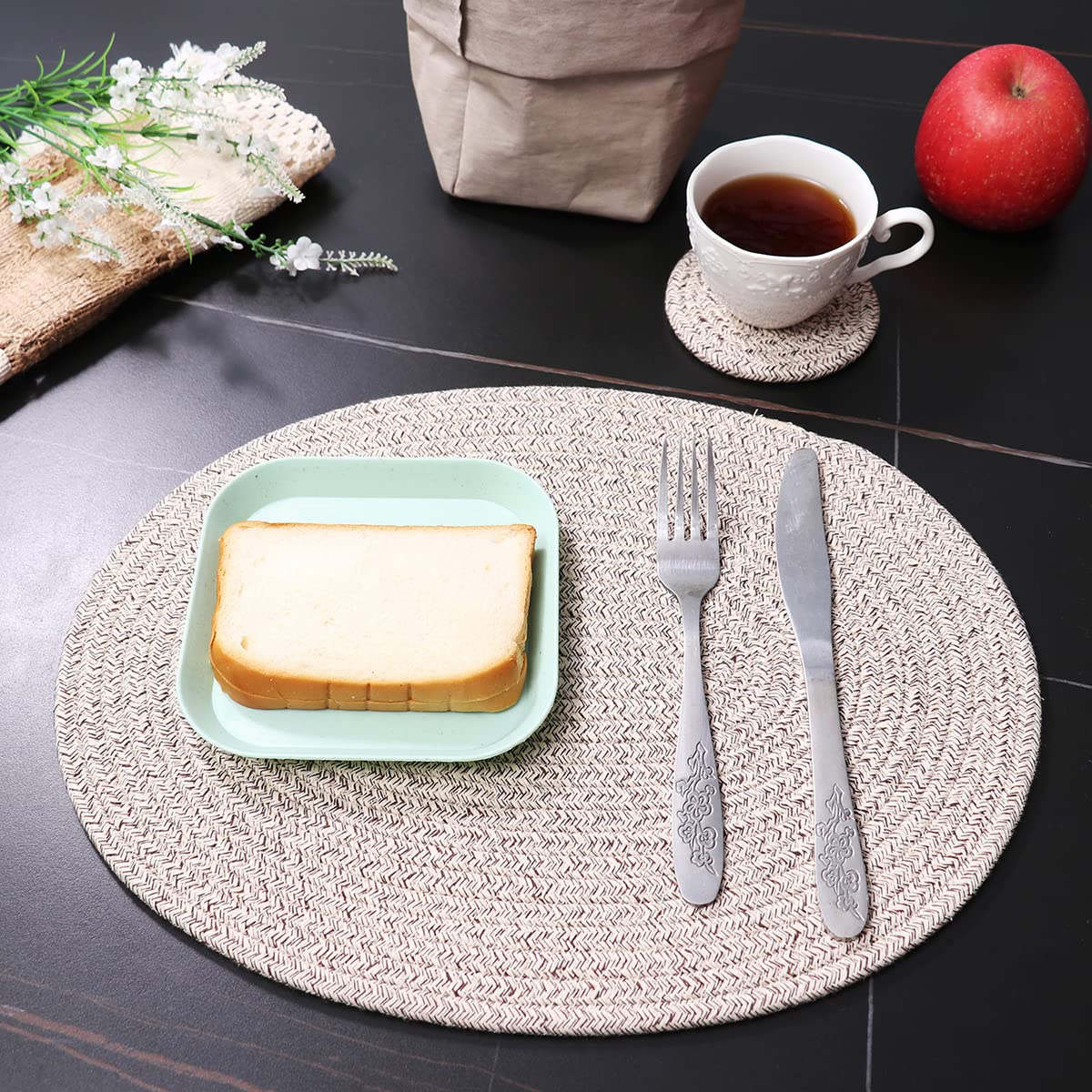 WENFOME 4 Pack Oval Woven Placemats, Mix Brown Cotton Plate Chargers with 4 Pack Round Coasters, Thick Heat Insulation Mats Household Table Mats Braided Bowl Mats Fabric Rustic Placemats for Dining