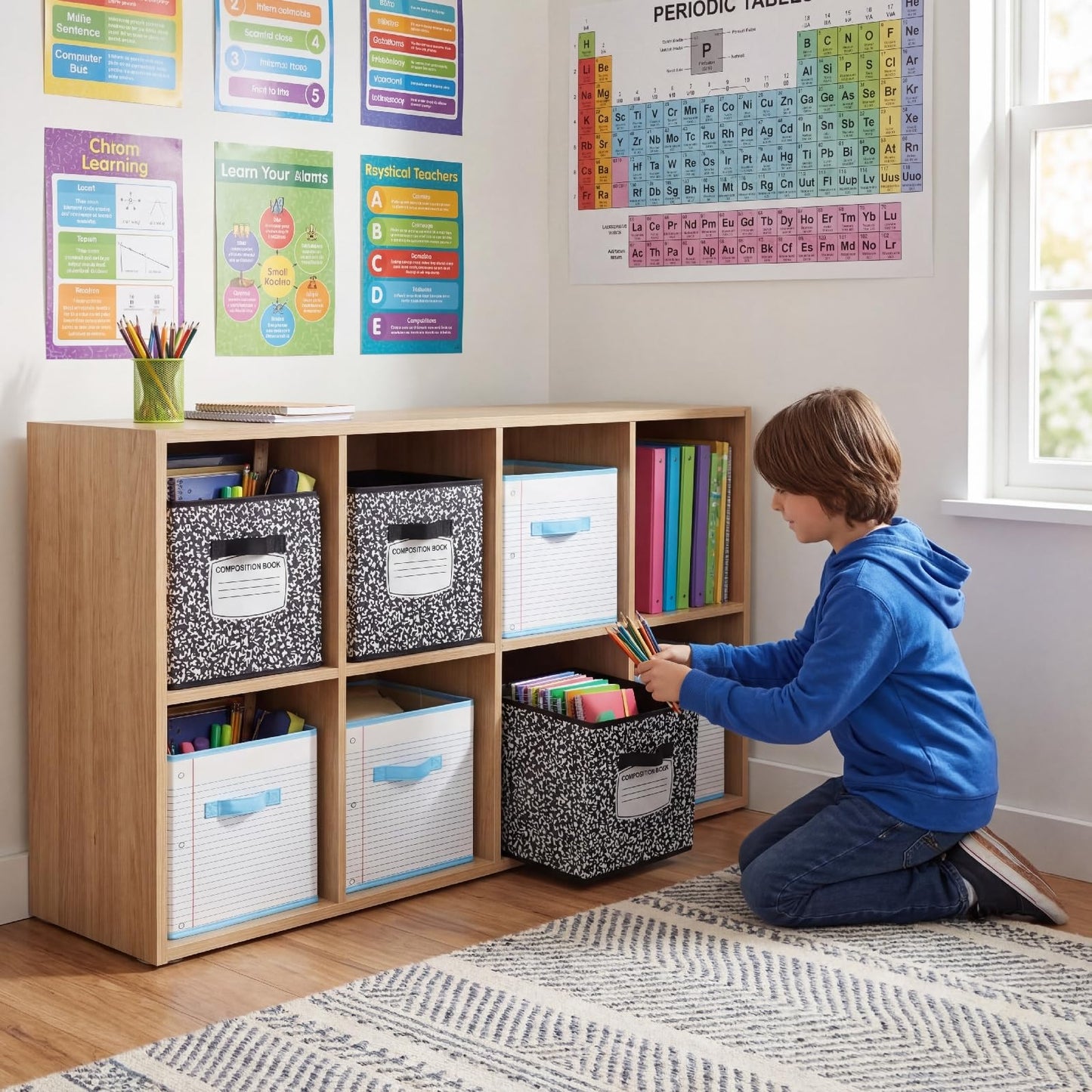 Briwooody 6 Pcs 11 Inch Composition Book Classroom Fabric Storage Bins Cube Classroom Must Have Cubby Basket Bin Notebook School Collapsible Storage Treasure Prize Box for Daycare Elementary Preschool