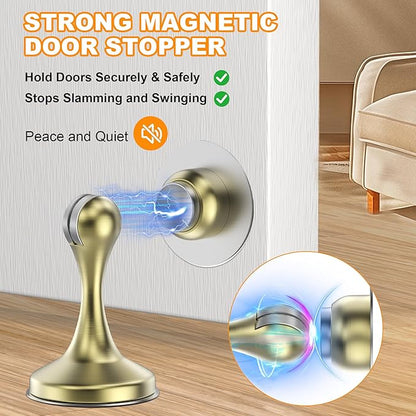 Crosize Magnetic Door Stoppers 2 Pack, Stainless Steel Door Stops for Wall and Floor Mounting, Gate Stops, No Drilling Metal Doorstops with Adhesive Tapes, Gold