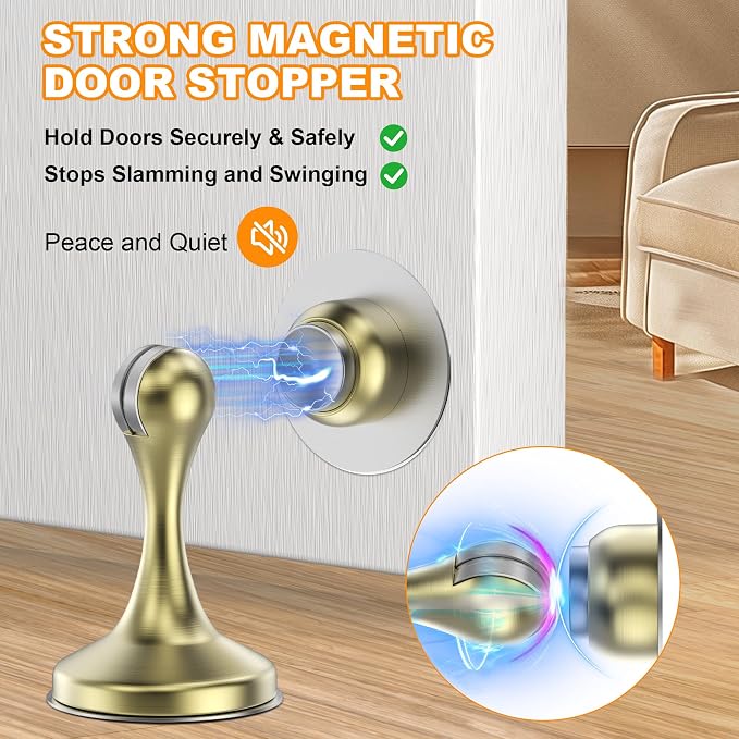 Crosize Magnetic Door Stoppers 6 Pack, Stainless Steel Door Stops for Wall and Floor Mounting, Gate Stops, No Drilling Metal Doorstops with Adhesive Tapes, Gold