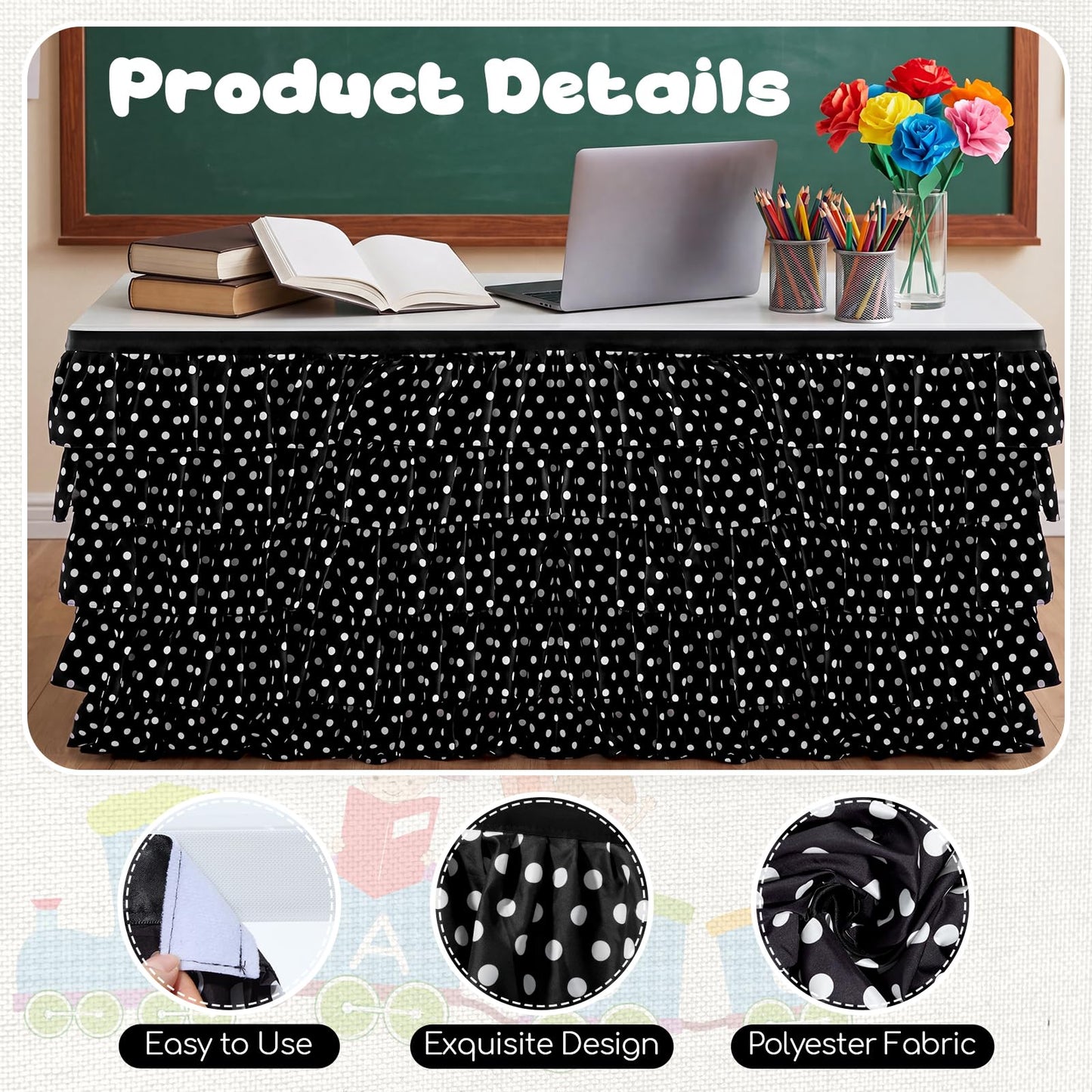 Panelee 6ft Black and White Polka Dot Table Skirt, Tutu Ruffled Teacher Desk Skirt, Back to School Table Cover for Kindergarten Preschool Middle School Classroom Office Bookcase Cabinet Decor