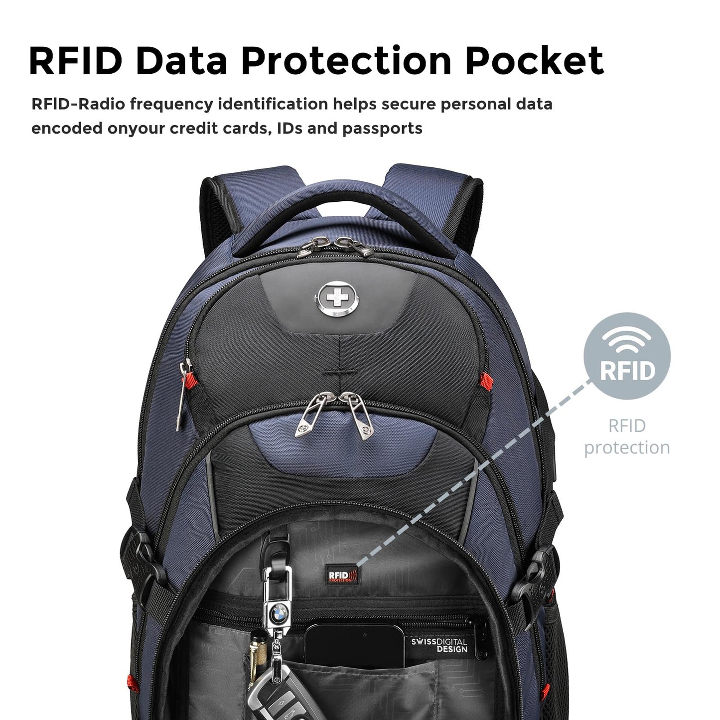 Swissdigital Design Laptop Backpack with USB Charging Port, Travel Backpack Fits 15.6 inches Computer, 31L College School Backpack for Men, Blue/Black | SD803-12