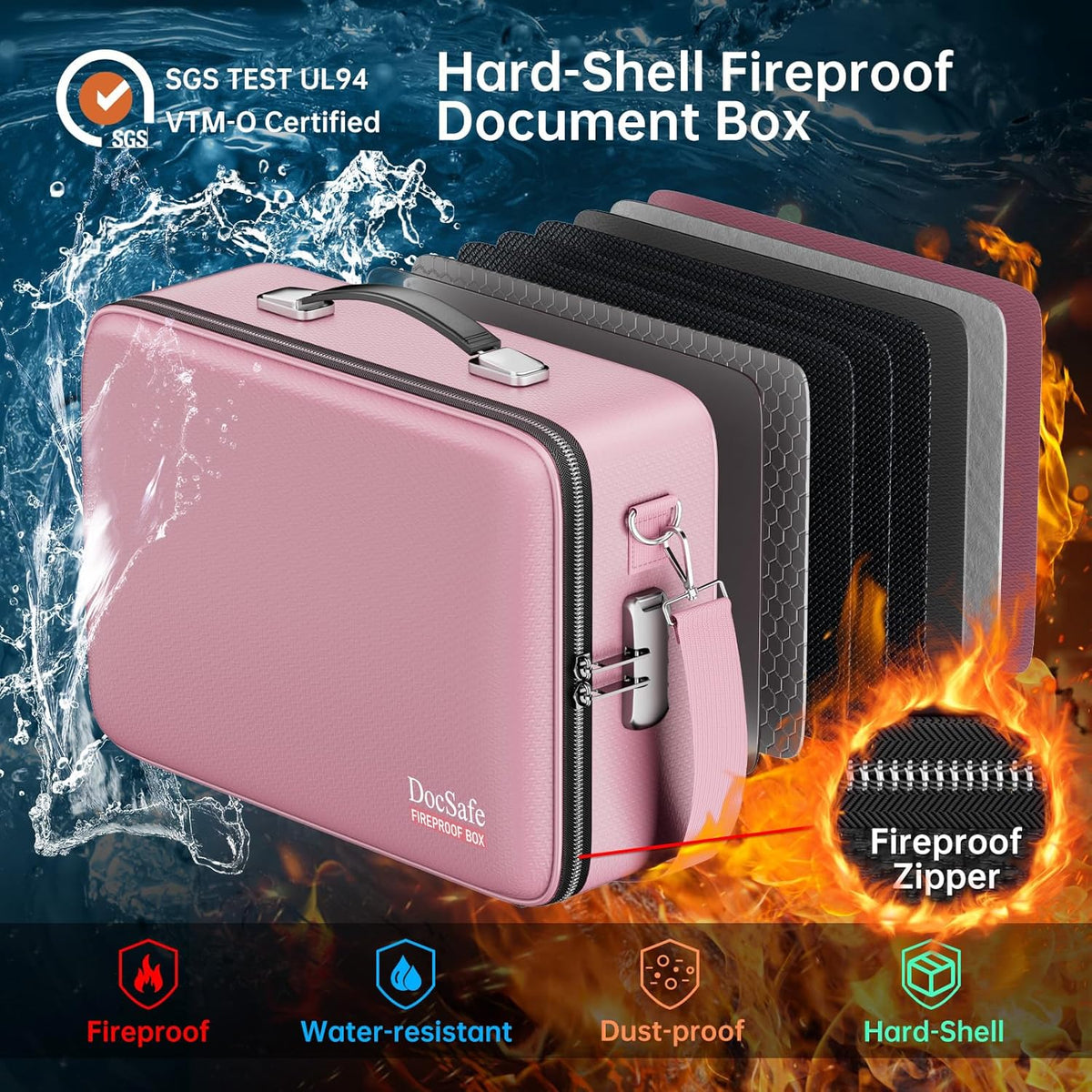 DocSafe Fireproof Document Box with Lock＆Shoulder Strap,Hard Case File Organizer with Accordion File Folder,Multi-Layer Portable Home Office Travel Safe Storage for Important Documents Laptop Pink
