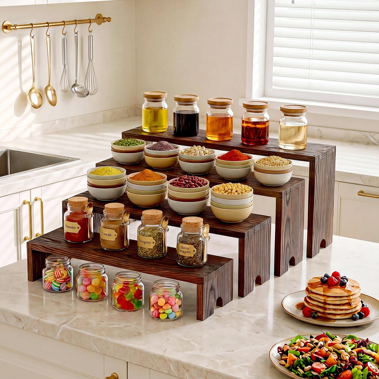 Nyamofly 2 Set Wooden Cupcake Stand for Decor, 4 Tiered Stackable Display Risers, Farmhouse Decor Wood Dessert Table Display Set for Party, Vendor Events, Dark Brown