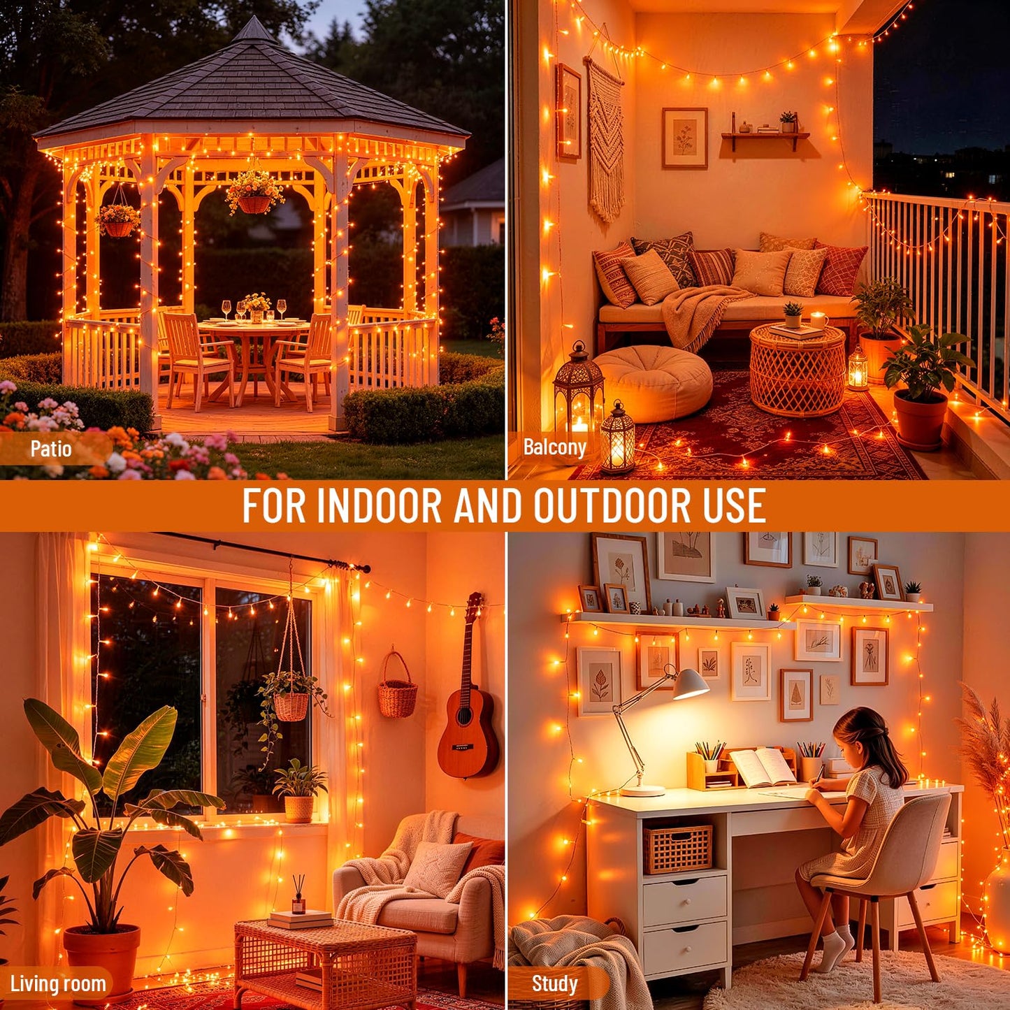 JMEXSUSS 4 Pack 50 LED Battery Operated String Lights Orange, Each 16.5ft Halloween String Lights with Timer, 8 Modes Orange Halloween Light Indoor Outdoor for Garland Party Fall Decoration