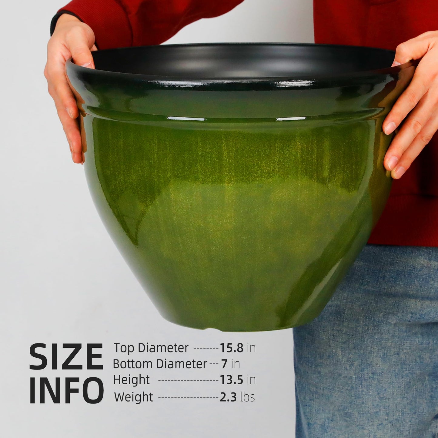 Worth Garden 16-Inch Dia. Round Green Plastic Planters with Drain Holes, 13.5-Inch Height - 2-Pack Glossy Finish Bell-Shaped Plant Pot – Lightweight Indoor/Outdoor Flower Pots