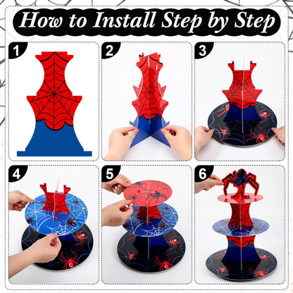 Widecook 3 Tier Spider Cupcake Stand Spider Birthday Party Decorations Cupcake Tower Hero Theme Cake Holder Hero Dessert Holder Table Display for Birthday Baby Shower Party Supplies