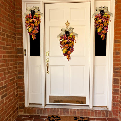 Svndlyn Harvest Teardrop Swag Autumn Floral Swag Wreath with Pumpkin Pine Cones Berries Maple Leaves and Burlap Bow Fall Teardrop Wreath for Home Door Wall Mantel Window Decor