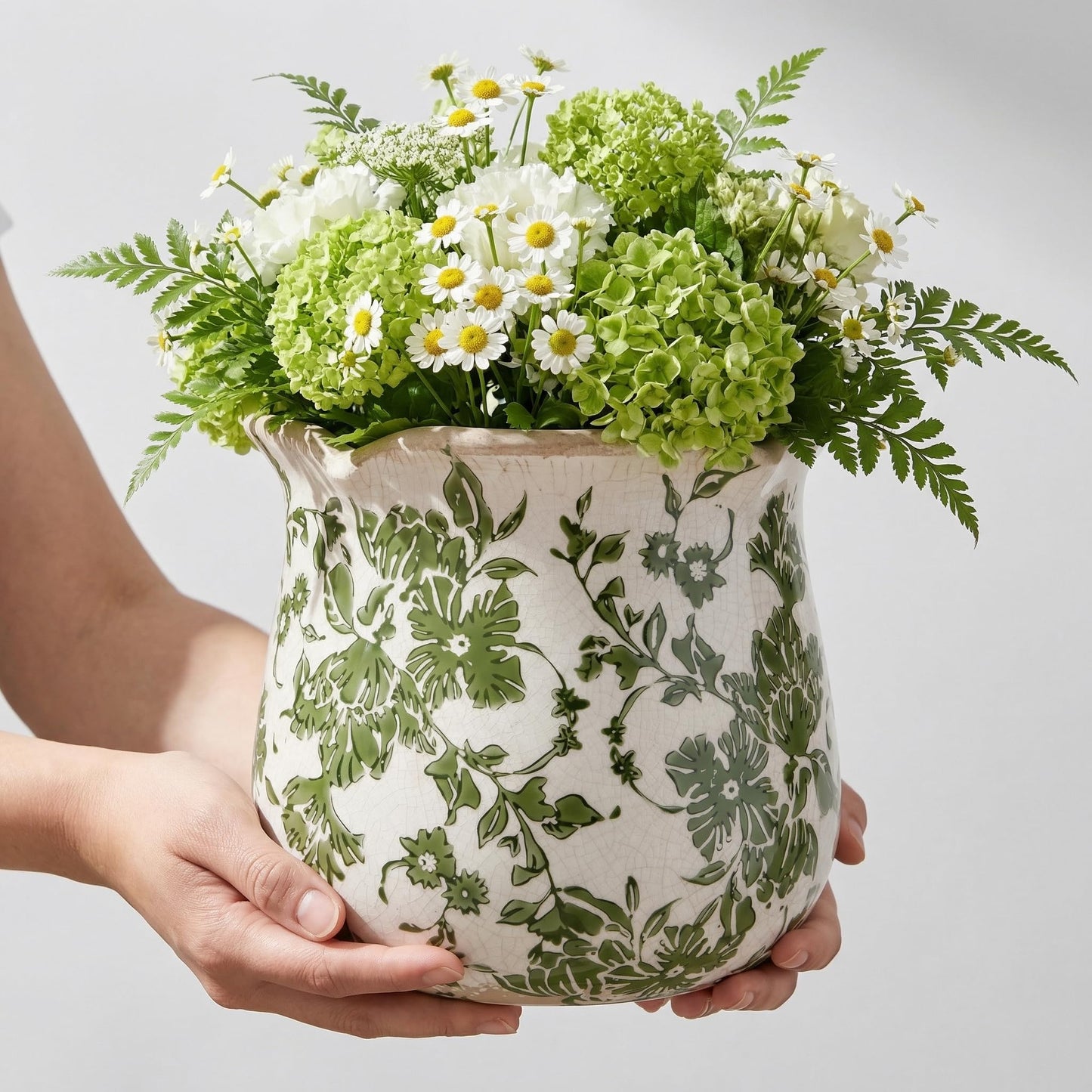 behen bahen Vintage Ceramic Planter Pot with Drainage Holes, Green Floral Design, 6.11 Inch, Distressed Tuscan Style, Indoor Plant Pot and Vase (Green)