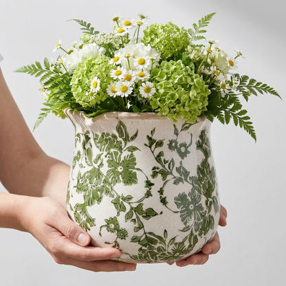 behen bahen Vintage Ceramic Planter Pot with Drainage Holes, Green Floral Design, 6.11 Inch, Distressed Tuscan Style, Indoor Plant Pot and Vase (Green)